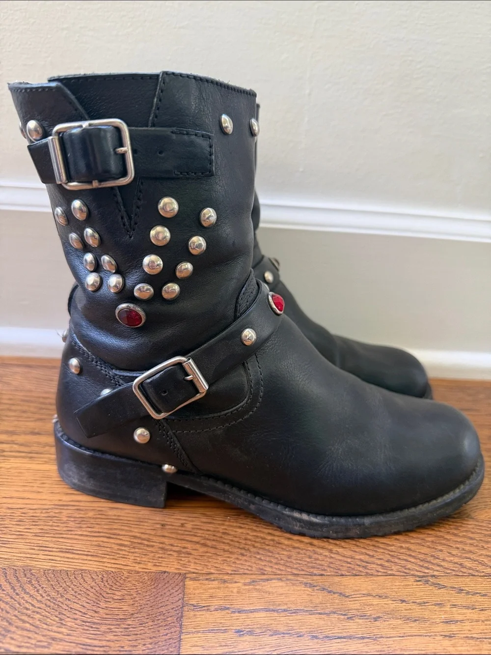 Ralph Lauren Black Studded Leather Biker Boots with Red Accent